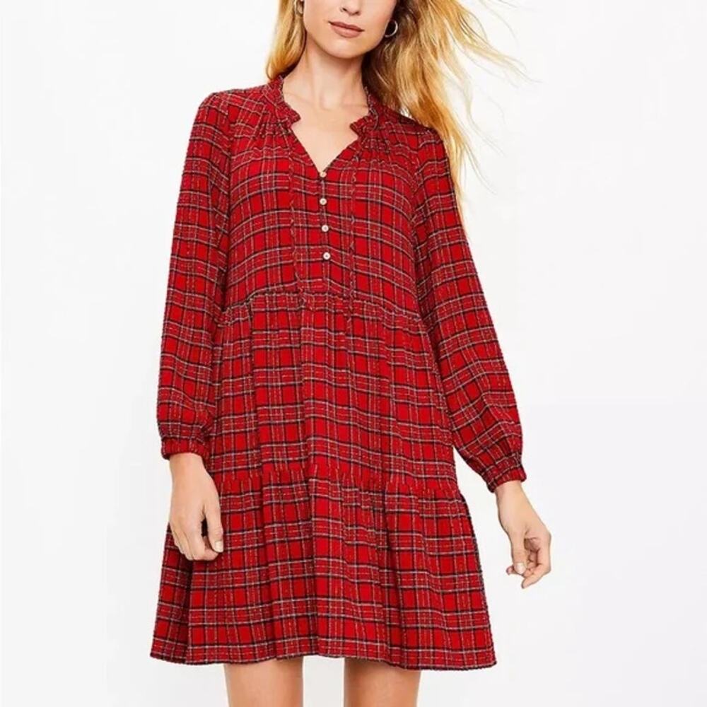 LOFT NEW Red Plaid Gold Metallic Weave Babydoll Shift Dress Women's Large Petite